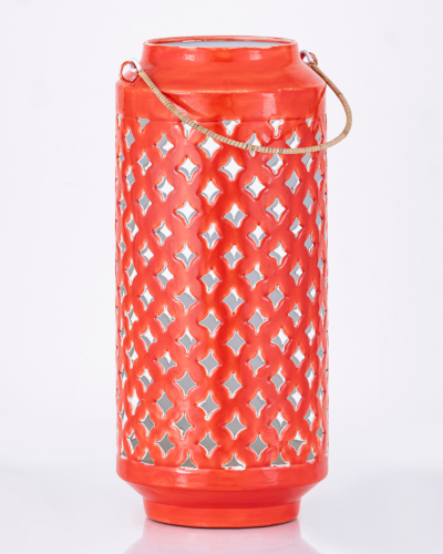 Tall Ceramic Lantern – Vibrant Coral Glow