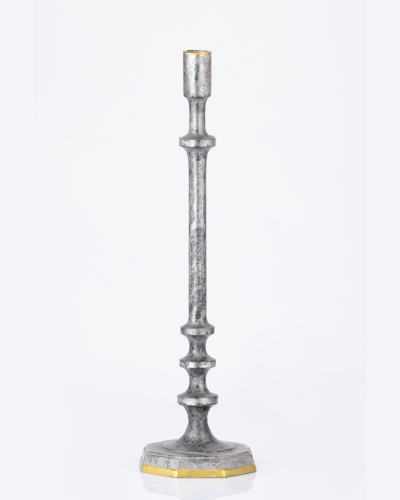 Tall Silver Candlestick with Gold Trim & Geometric Base