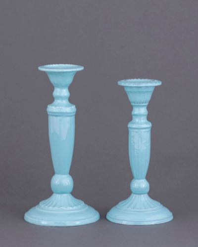 Pastel Blue Ribbed Candlestick Pair