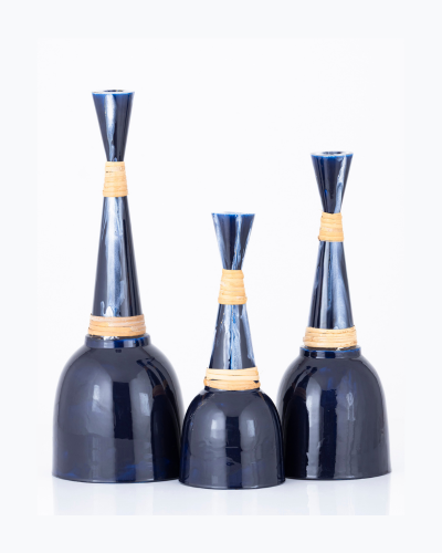 Modern Navy Candlestick Set with Woven Accent