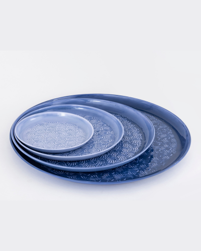 Elegant Blue Embossed Dinner Plate Set