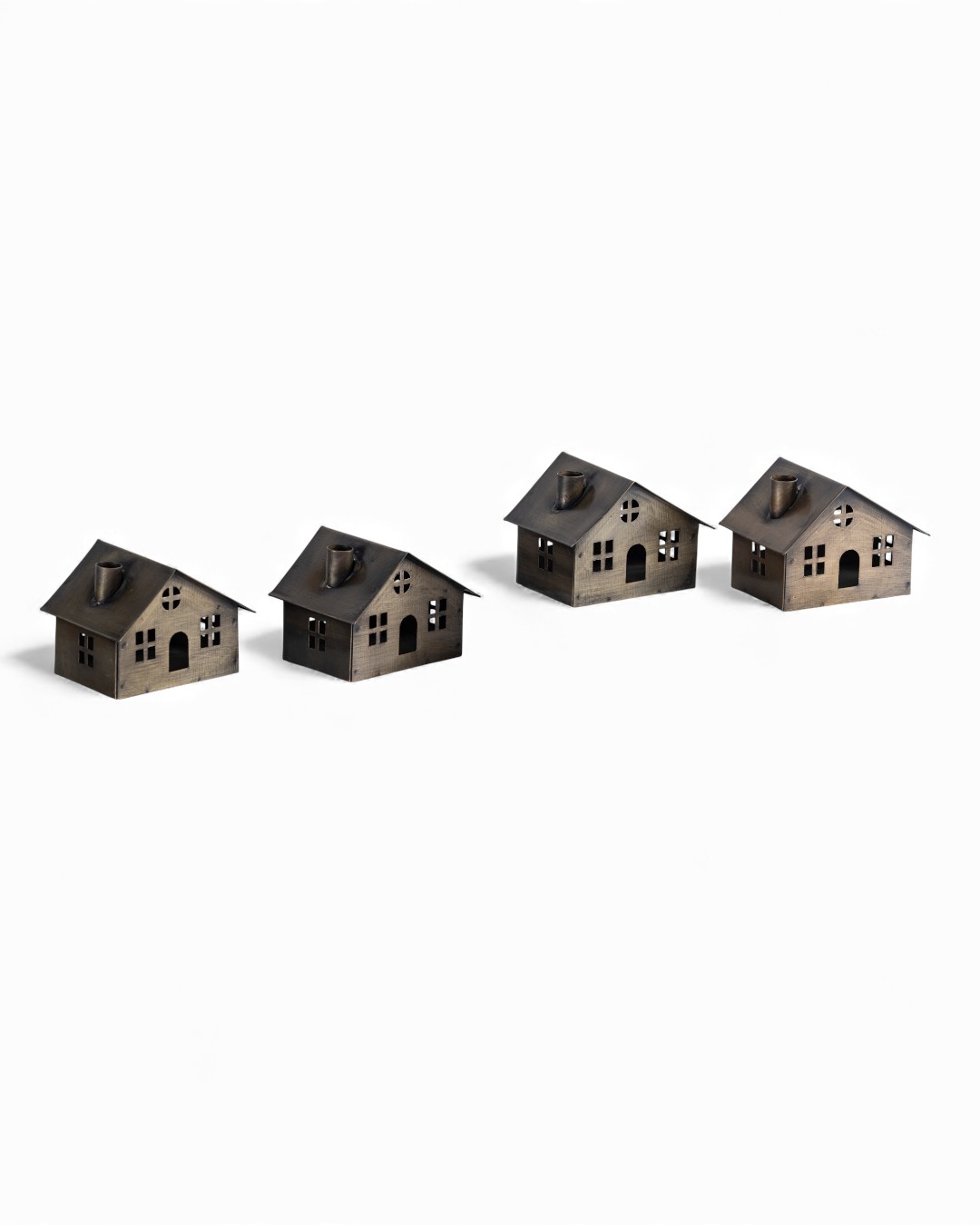 Set of 4 Mini Metal Village Houses, Bronze Finish