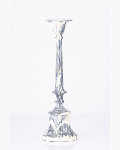Marbled Ceramic Candlestick - White and Grey Swirl