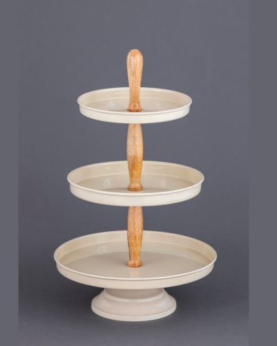 Beige Three-Tier Cake Stand with Wooden Handle