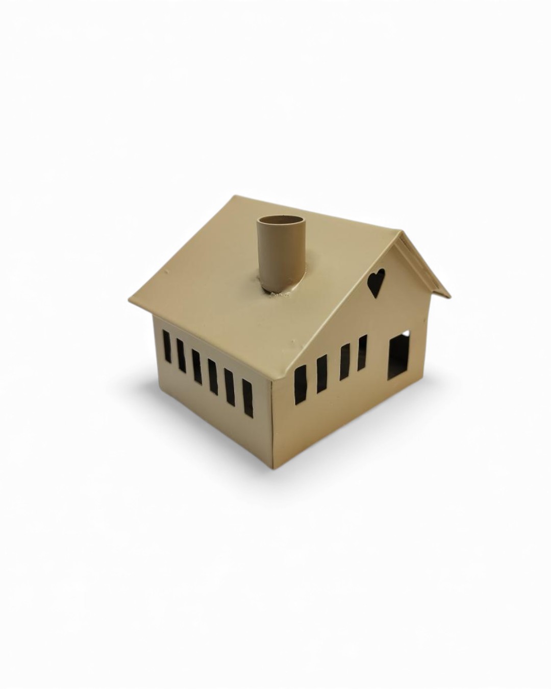 Mini Metal House Decoration, Khaki with Heart Cutout, Votive