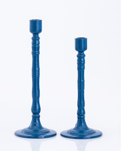 Matte Indigo Ribbed Candlestick Pair
