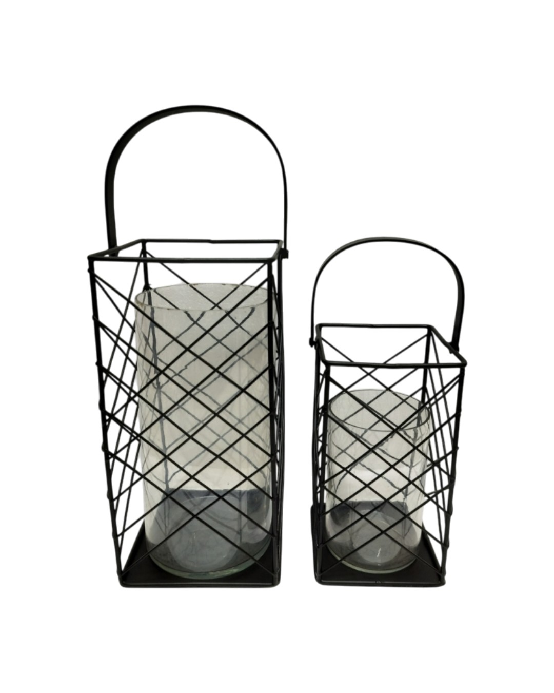 Black Wire Basket With Glass Hurricane Lantern Set