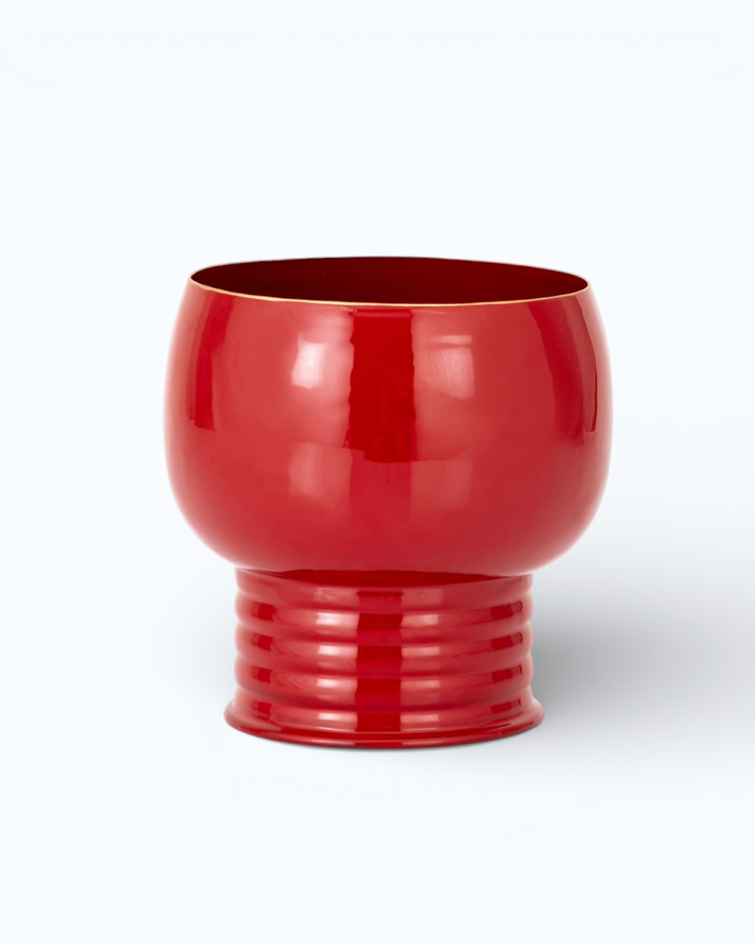 Glossy Crimson Ribbed Pedestal Bowl