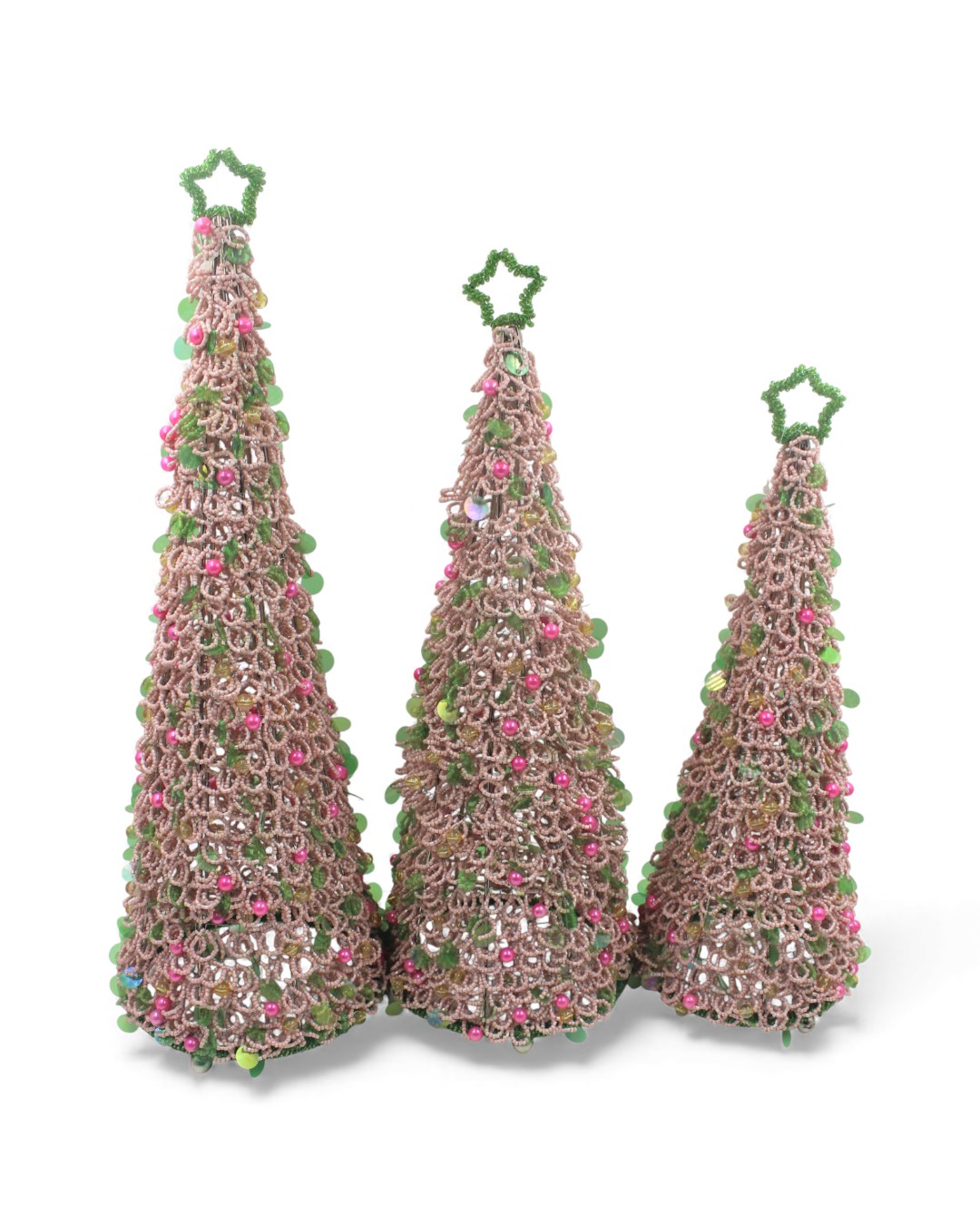 Set of 3 Earthy-Tone Pearl Wire Christmas Trees