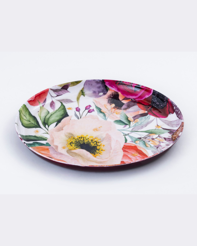 Round White Serving Tray with Soft Pink Blossom Design