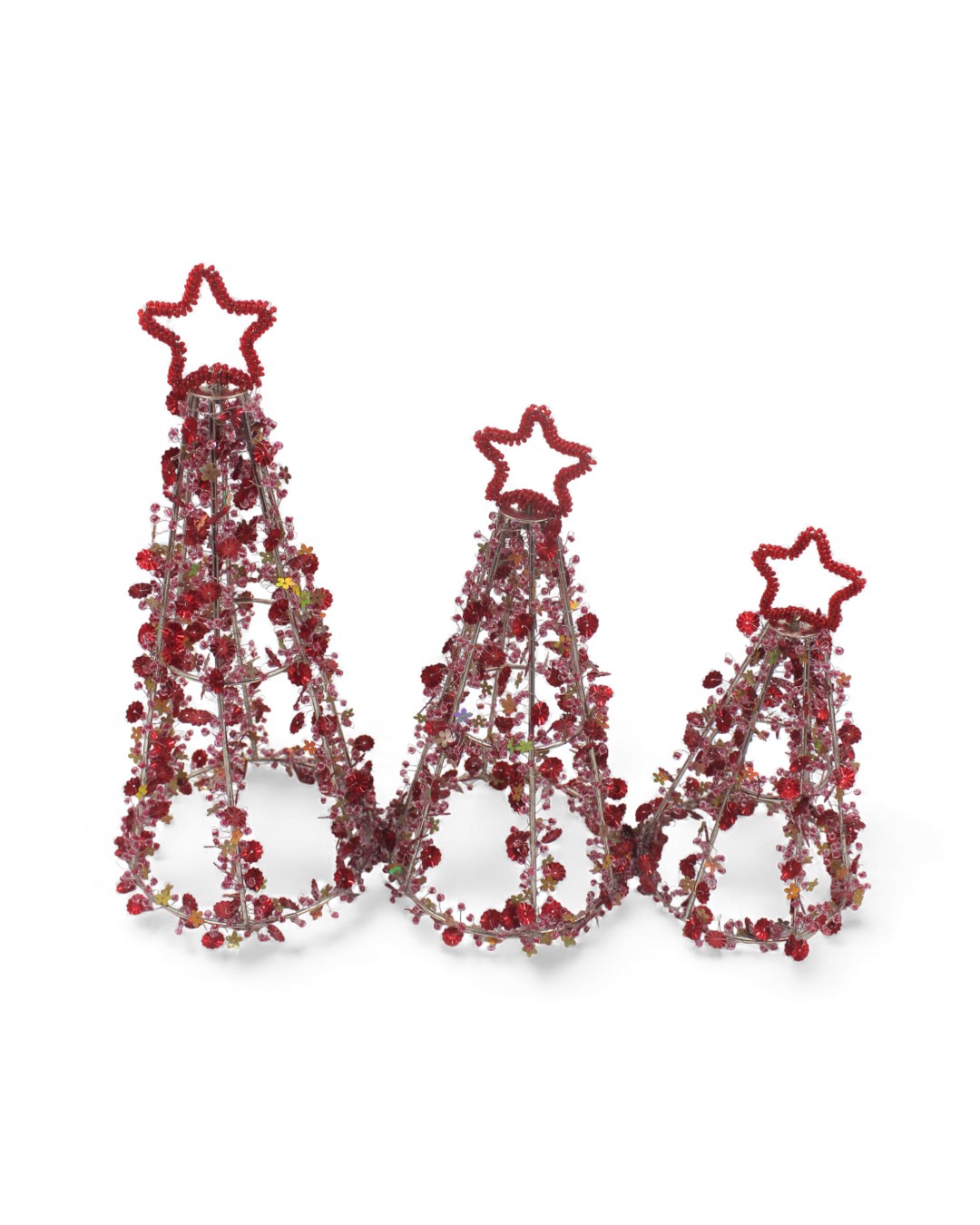 Set of 3 Festive Red Pearl Wire Christmas Trees