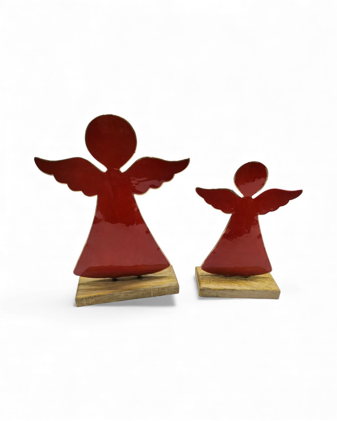 Set of 2 Red Glossy Angels on Rustic Wood Base