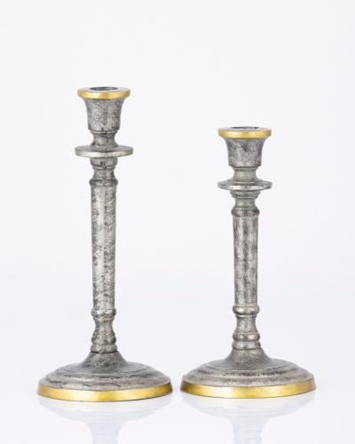 Rustic Silver Candlestick Pair with Gold Accents