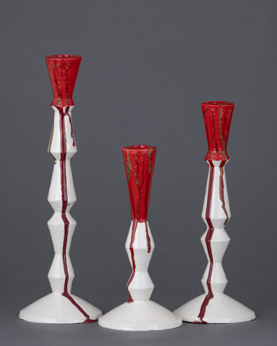 Geometric Candlestick Set with Red Glaze - White & Faceted