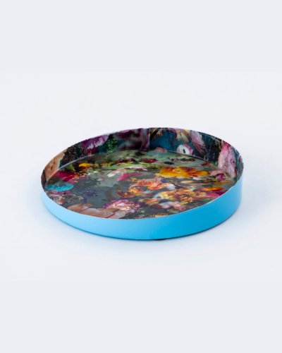 Round Aqua Blue Rim Tray with Multi-Floral Artwork