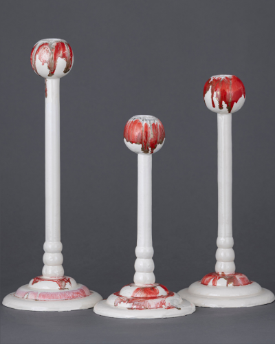 White Ridged Candlestick Set with Red Dripping Glaze