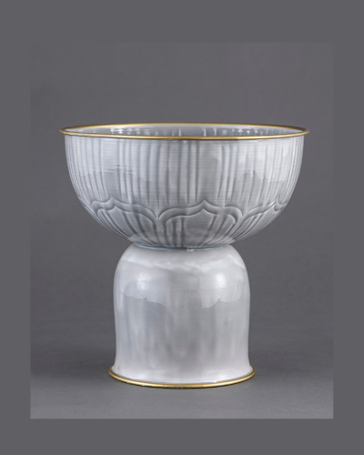 Tall Grey-Blue Pedestal Decorative Bowl with Gold Rim