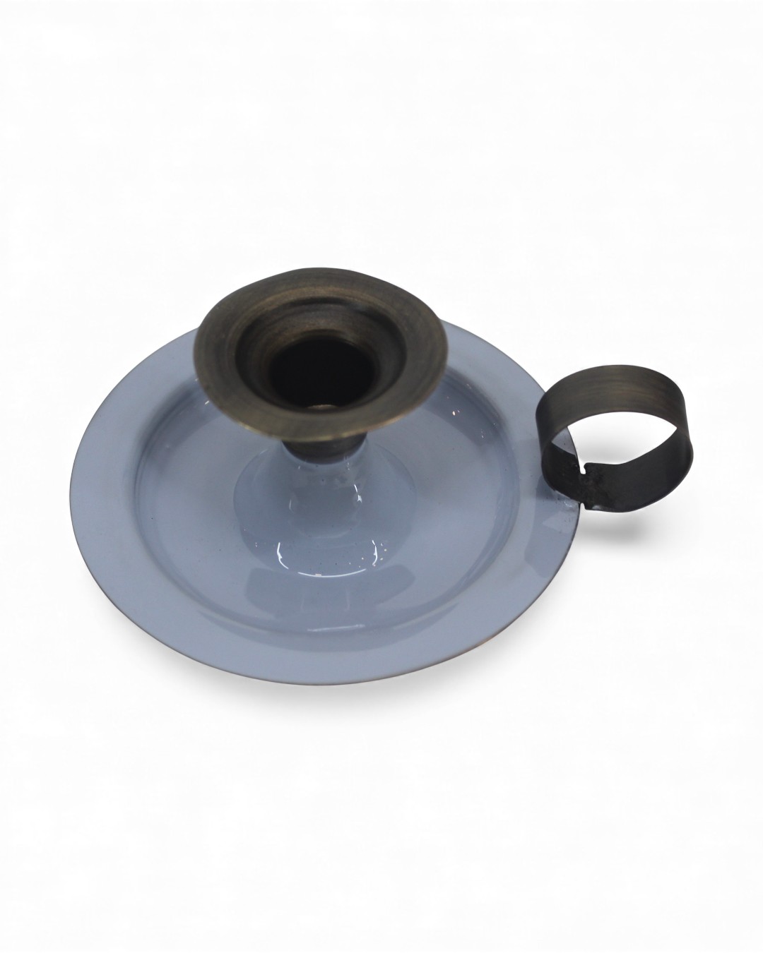 Enamel Blue Taper Candle Holder Antique Handle