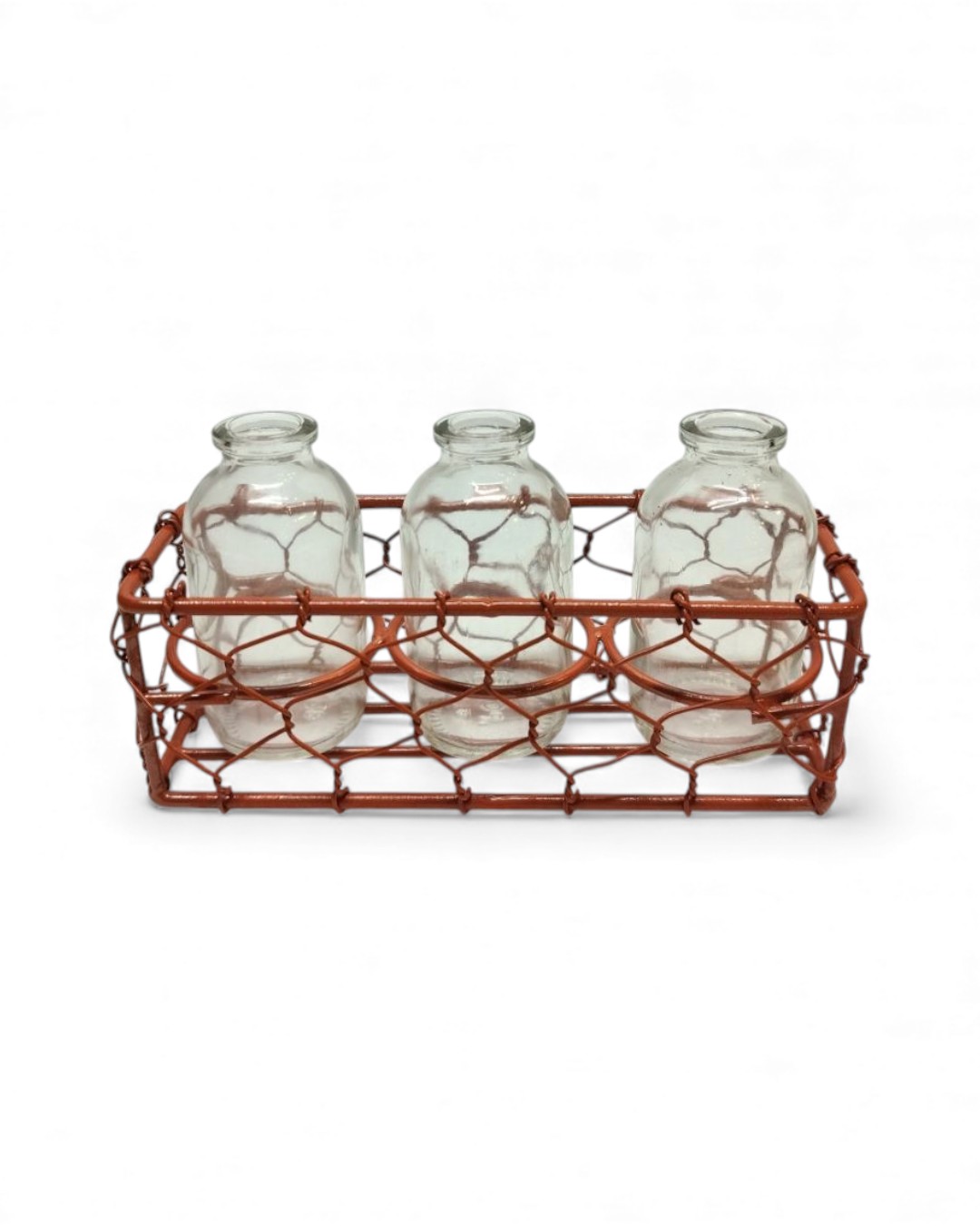 Rust-Colored Wire Cage Holder for Three Bottles