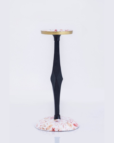 Floral and Gold Candlestick with Black Faceted Stem