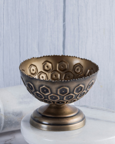 Antique Bronze Pedestal Bowl with Hexagon Embossed Detailing