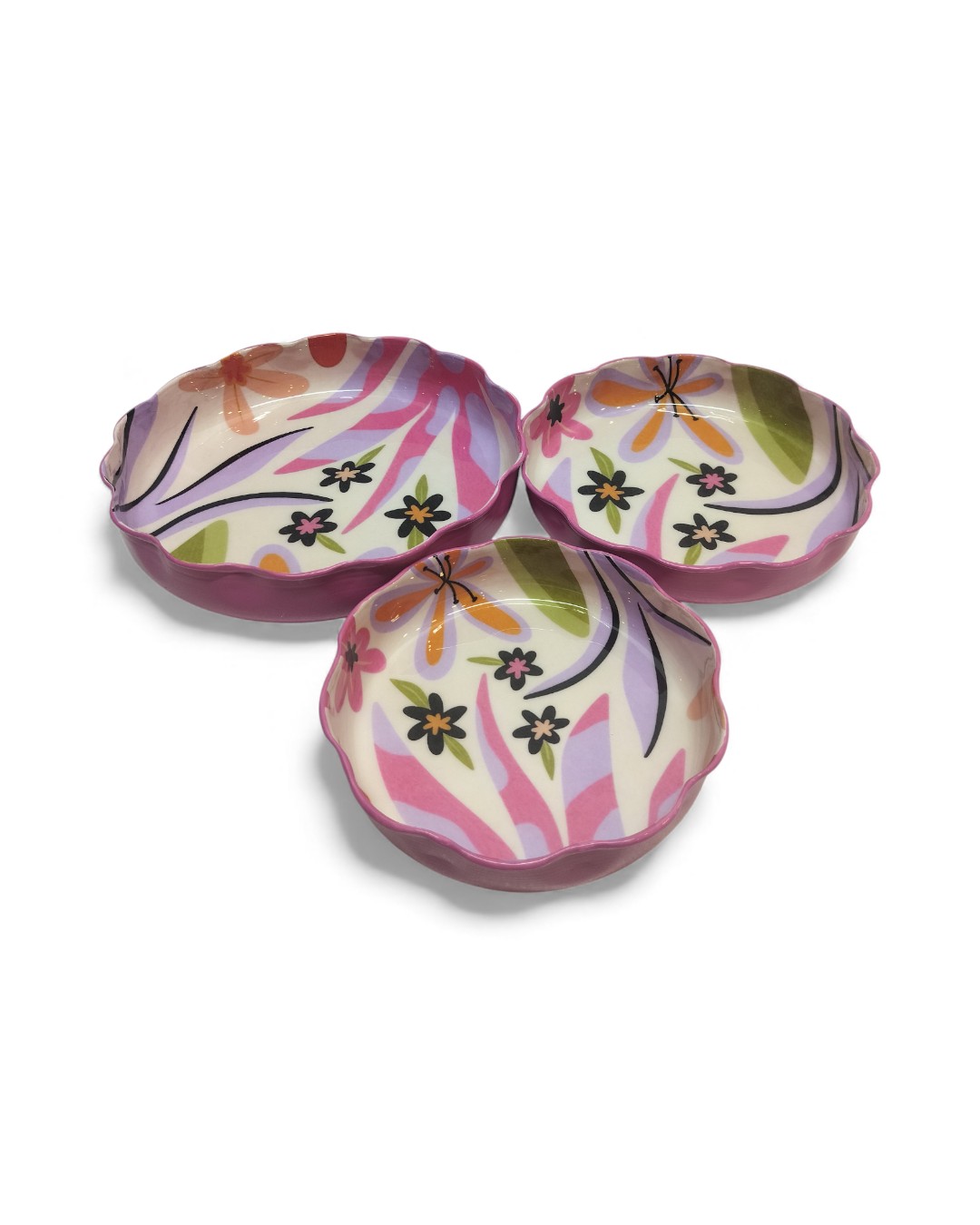 Set of 3 Abstract Floral Printed Scalloped Ceramic