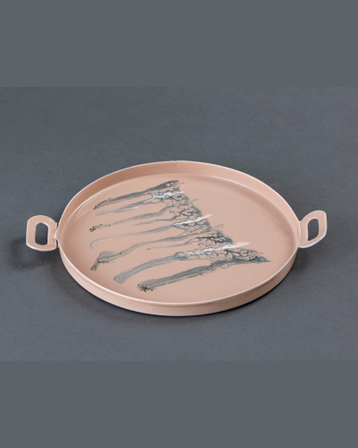 Beige & Blue Abstract Round Tray with Handles