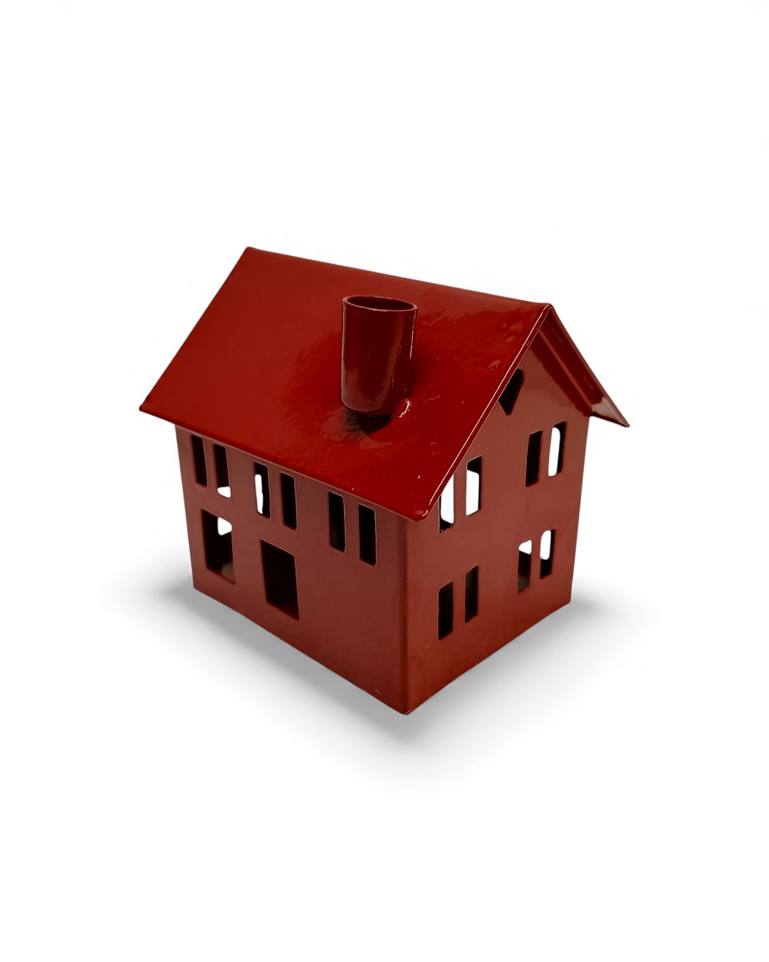 Mini Metal House Decoration, Glossy Red Enamel, Votive/Candle Stand