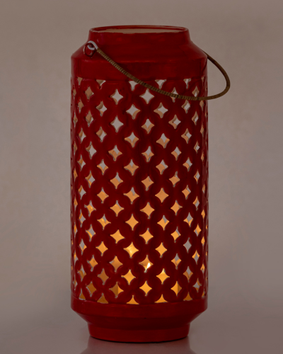 Tall Ceramic Lantern – Vibrant Coral Glow