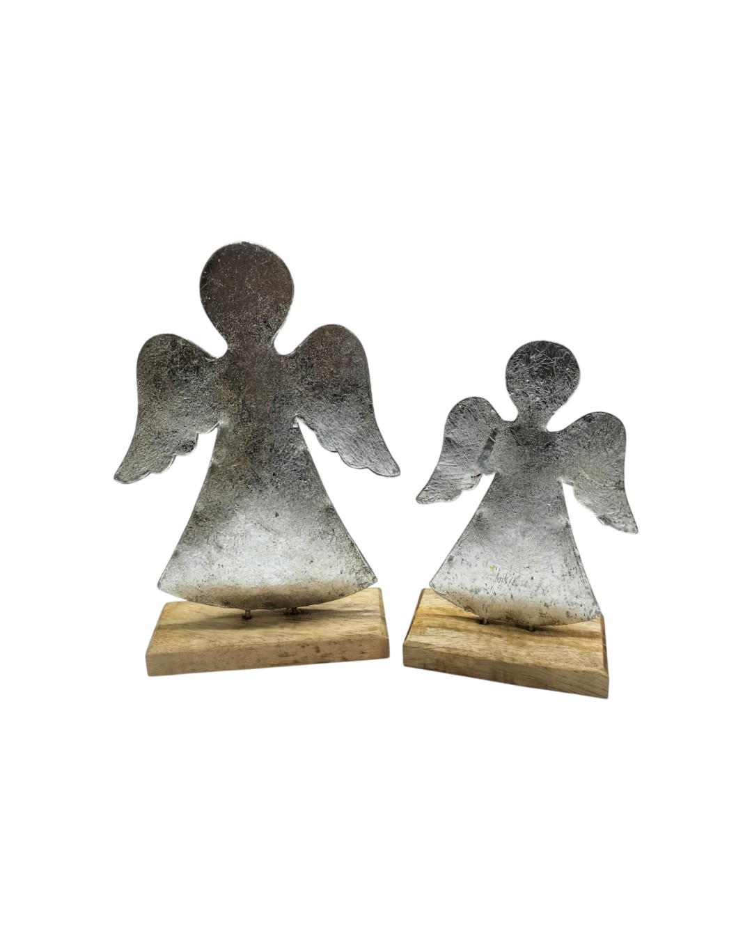 Set of 2 Galvanized Angel Figurines on Wood Base