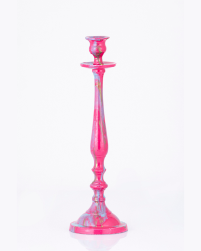 Hot Pink Marbled Candlestick with Gold Accents