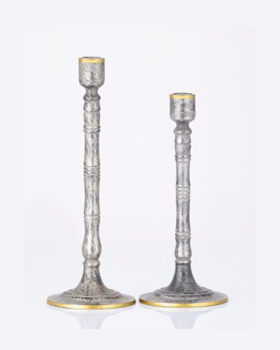 Distressed Silver Candlestick Pair with Gold Base & Top