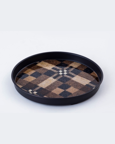 Black Round Tray with Beige Plaid Pattern