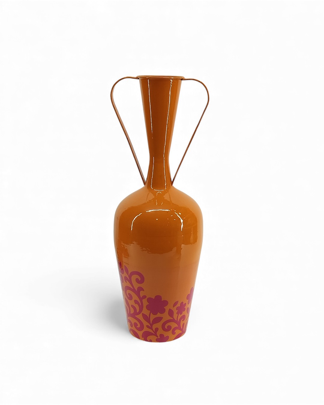 Vibrant Orange Amphora Vase with Scroll work Floral Decal