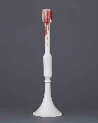 Single White Candlestick with Red Dripping Glaze & Flared Base